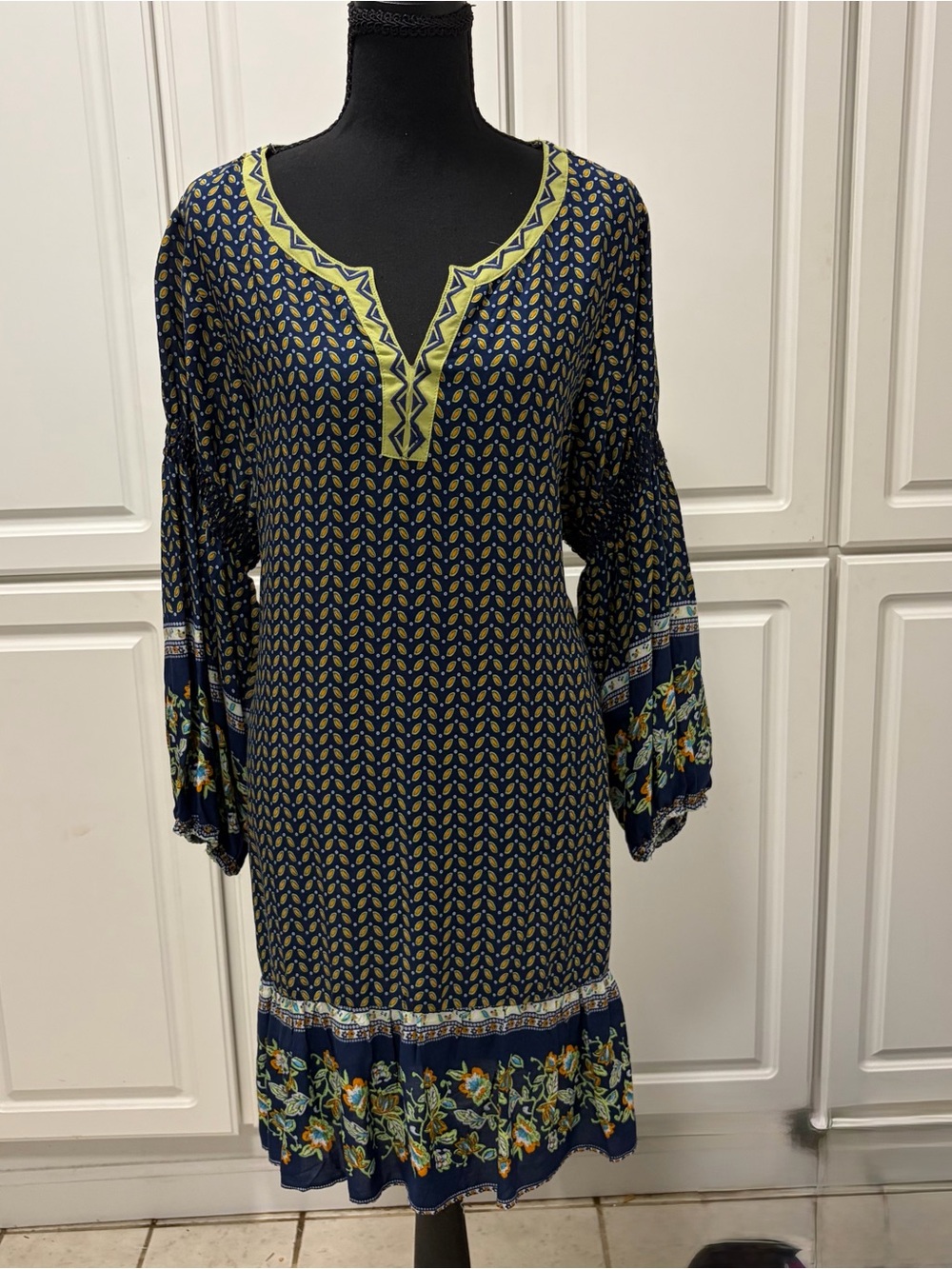 Umgee Navy Printed V-Neck Boho Tunic with Lime Trim